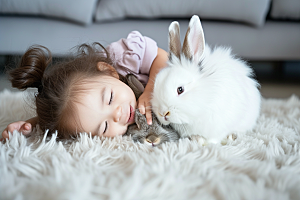 儿童和兔子清新童趣摄影图