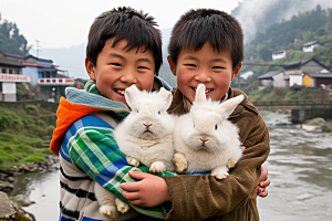 儿童和兔子高清童趣摄影图