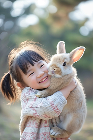 儿童和兔子自然生活摄影图