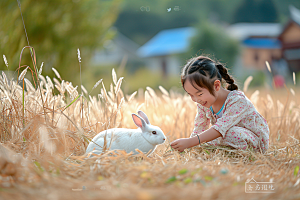 儿童和兔子可爱高清摄影图
