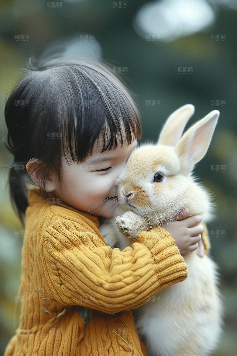 儿童和兔子爱心孩子摄影图
