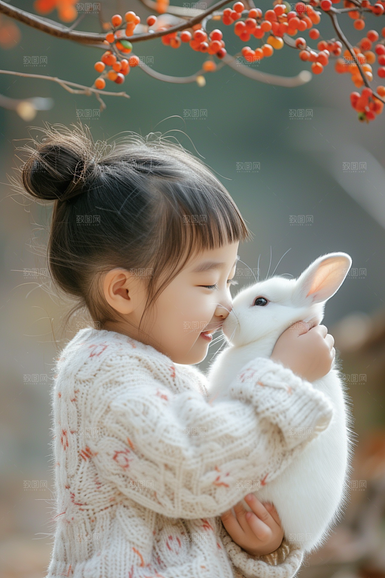 儿童和兔子宠物爱心摄影图