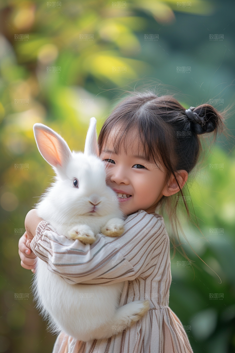 儿童和兔子孩子高清摄影图