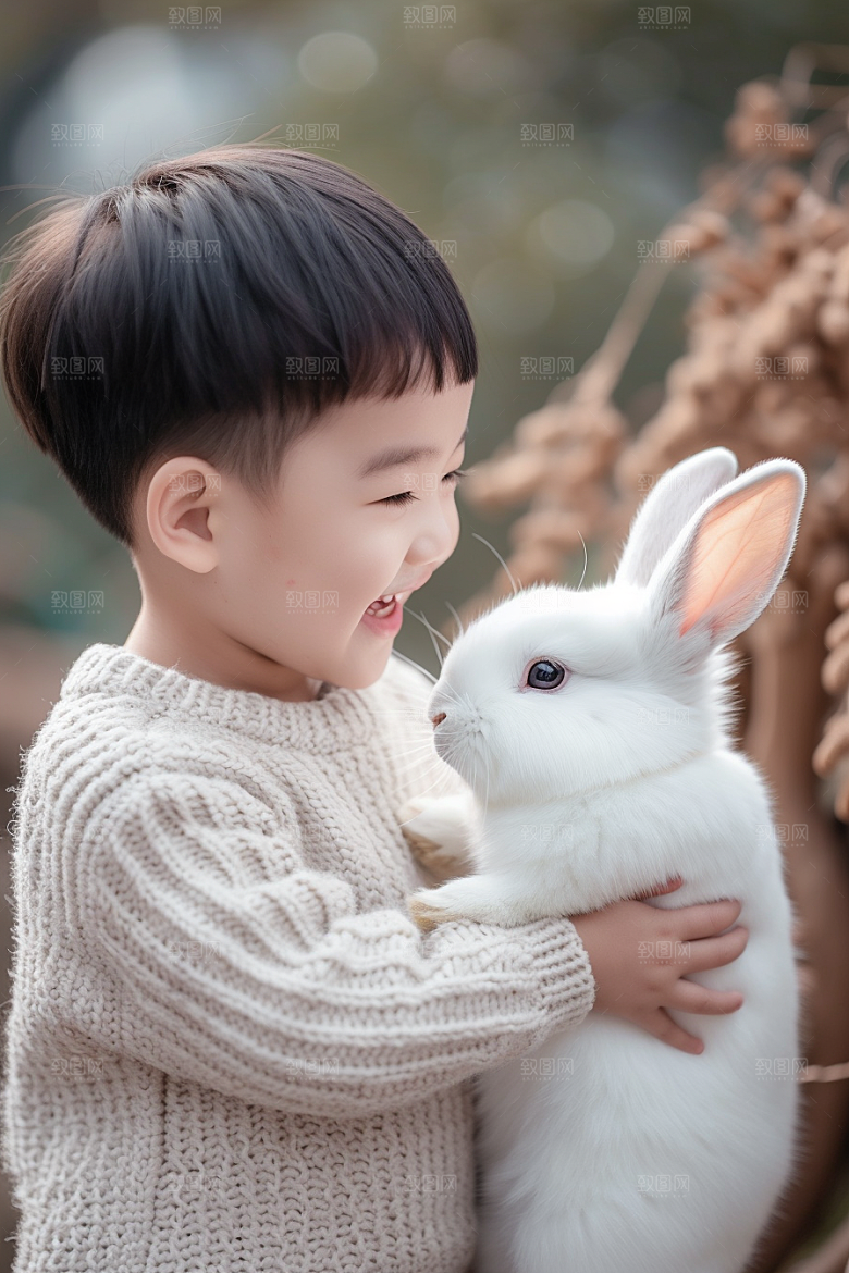 儿童和兔子童趣宠物摄影图