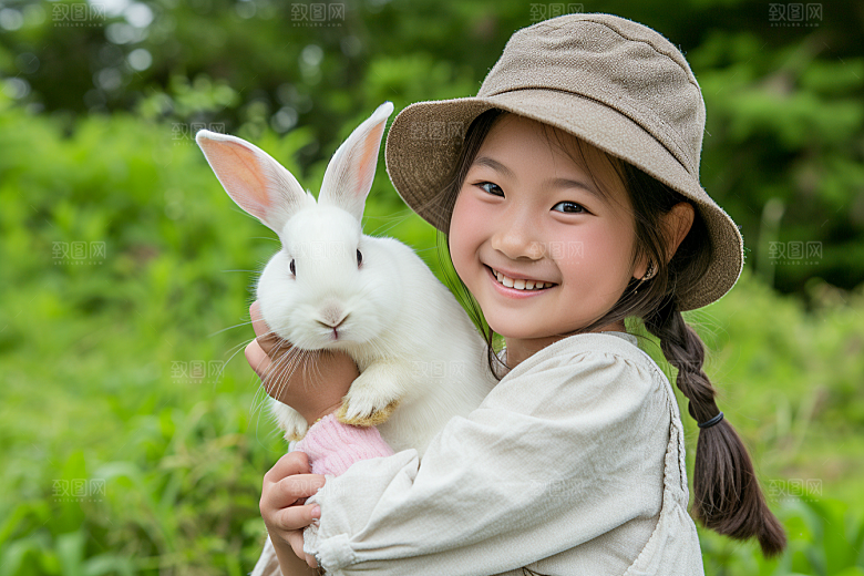 儿童和兔子童趣孩子摄影图