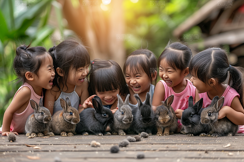 儿童和兔子生活清新摄影图