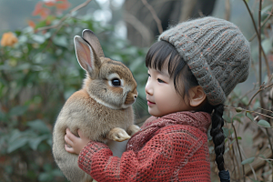儿童和兔子高清生活摄影图