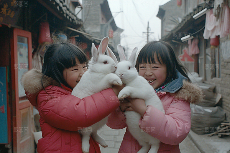 儿童和兔子童趣孩子摄影图