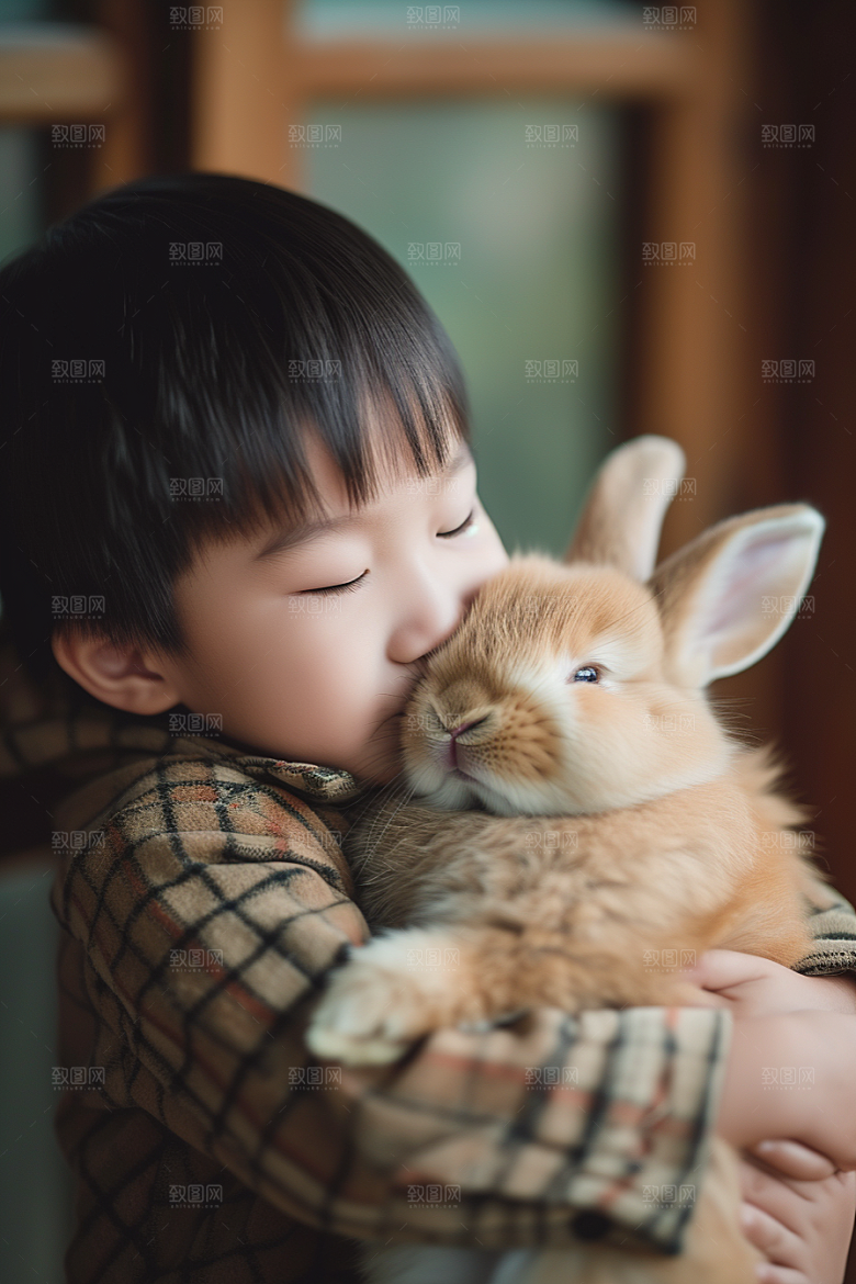 儿童和兔子童趣宠物摄影图