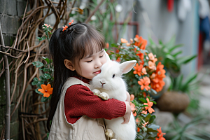 儿童和兔子孩子自然摄影图