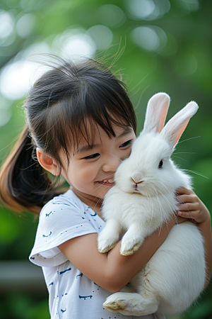 儿童和兔子高清宠物摄影图