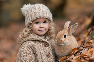 儿童和兔子自然生活摄影图