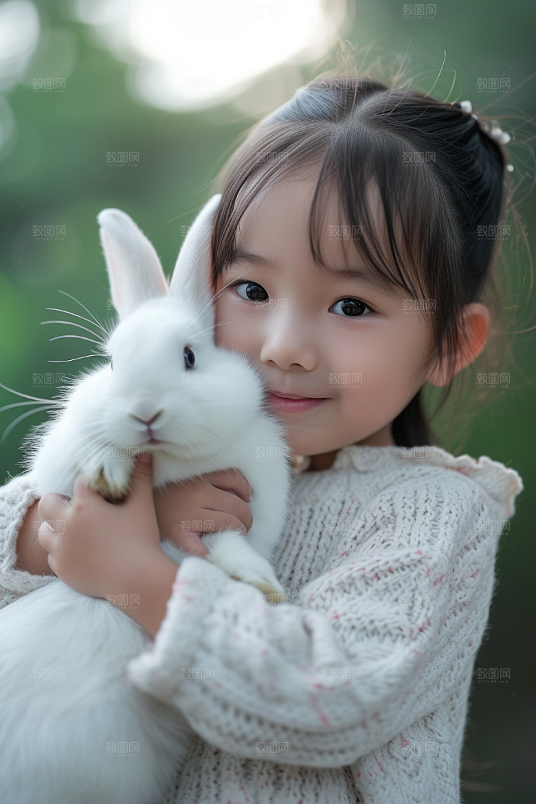 儿童和兔子宠物孩子摄影图