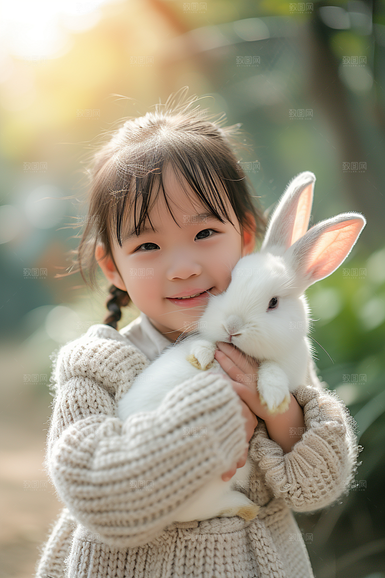 儿童和兔子宠物童趣摄影图