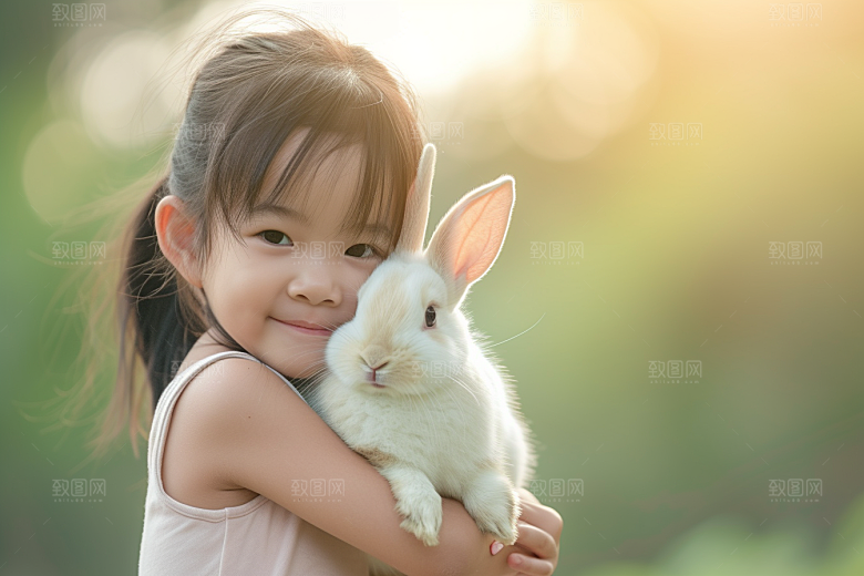 儿童和兔子高清宠物摄影图