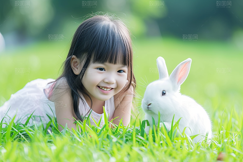 儿童和兔子爱心宠物摄影图