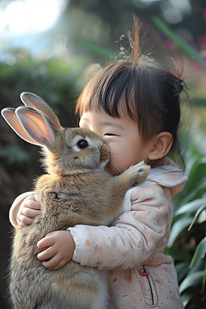 儿童和兔子生活孩子摄影图
