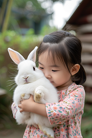 儿童和兔子高清孩子摄影图
