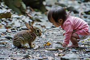 儿童和兔子自然孩子摄影图