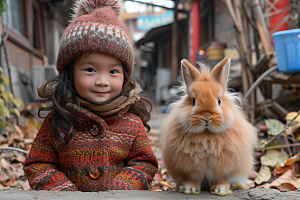 儿童和兔子童趣清新摄影图