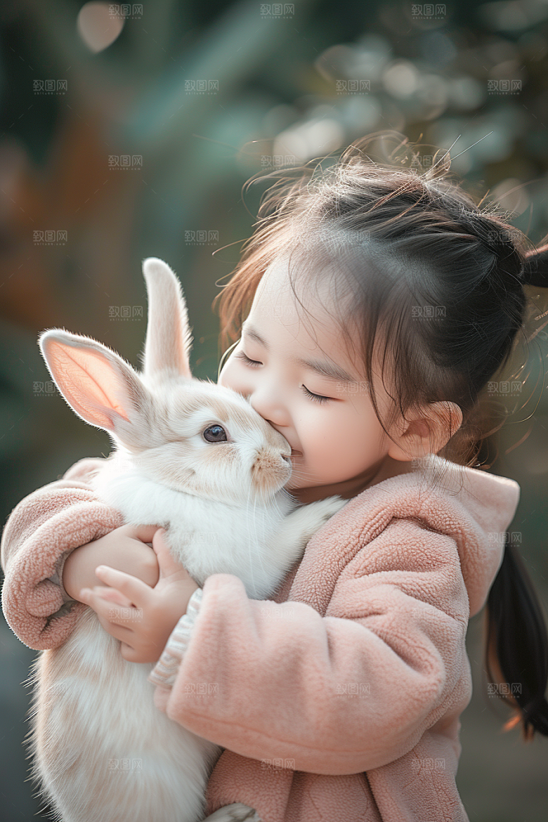 儿童和兔子自然孩子摄影图