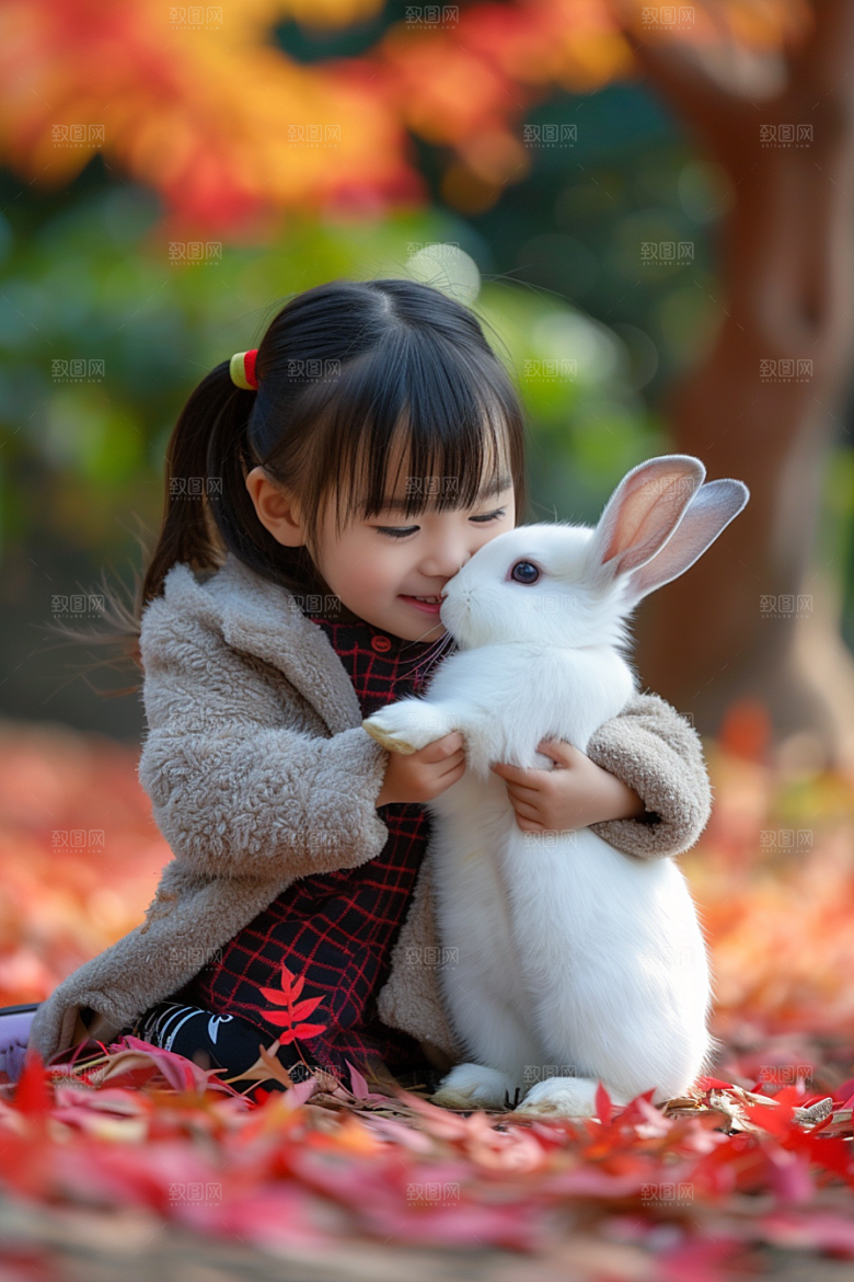儿童和兔子孩子童趣摄影图