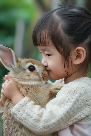 儿童和兔子孩子生活摄影图