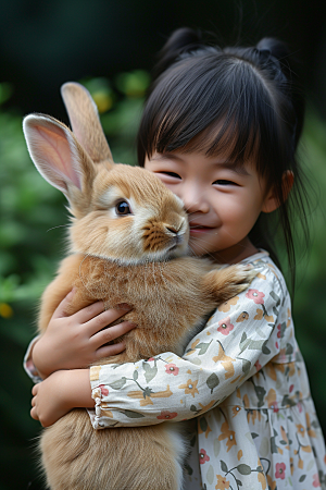 儿童和兔子可爱宠物摄影图