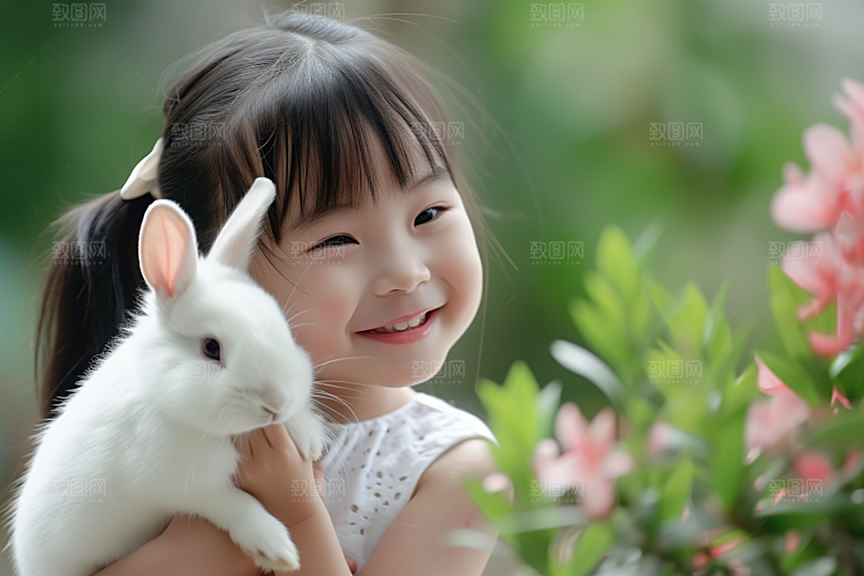 儿童和兔子可爱孩子摄影图