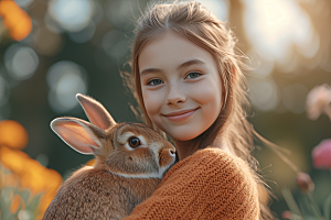 儿童和兔子自然宠物摄影图