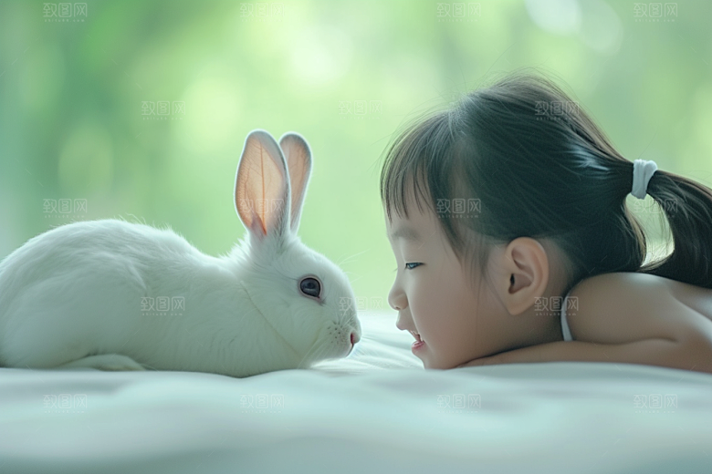 儿童和兔子可爱自然摄影图