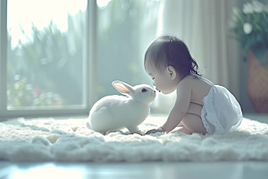 儿童和兔子可爱孩子摄影图