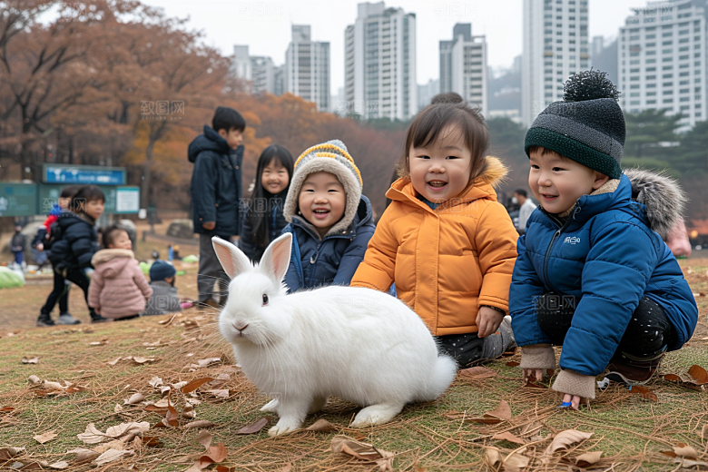 儿童和兔子爱心宠物摄影图