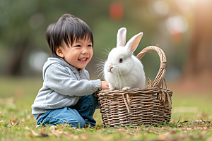 儿童和兔子可爱生活摄影图