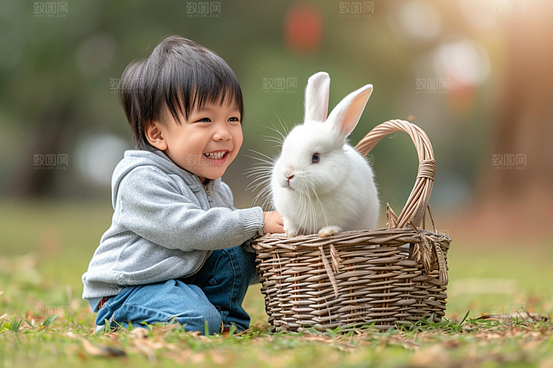 儿童和兔子可爱生活摄影图