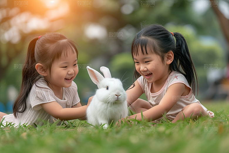 儿童和兔子生活童趣摄影图