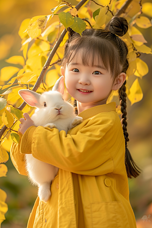 儿童和兔子清新爱心摄影图