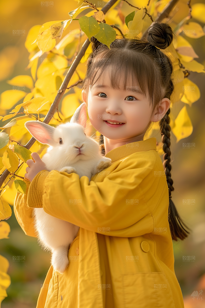 儿童和兔子清新爱心摄影图