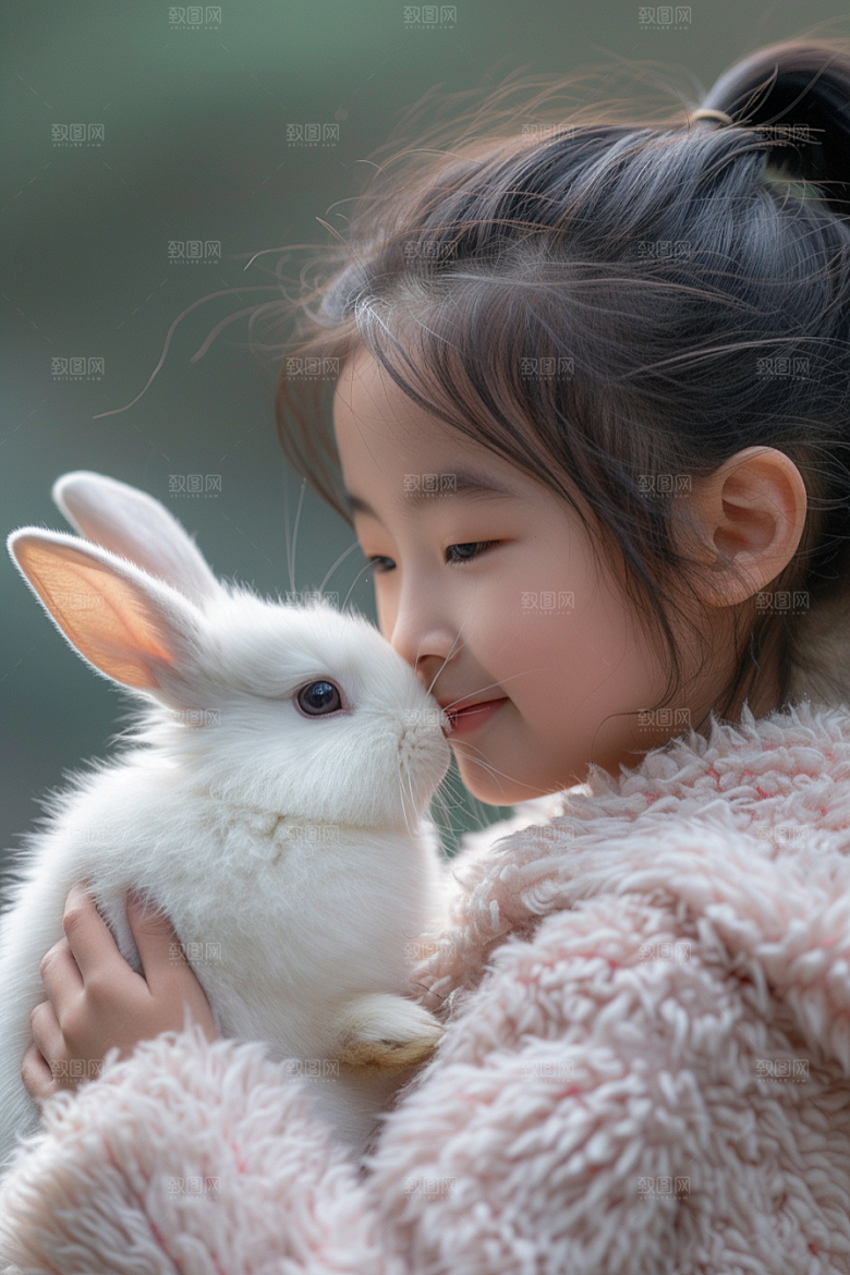 儿童和兔子可爱生活摄影图