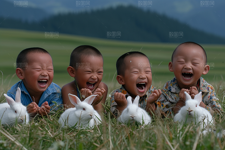 儿童和兔子可爱生活摄影图