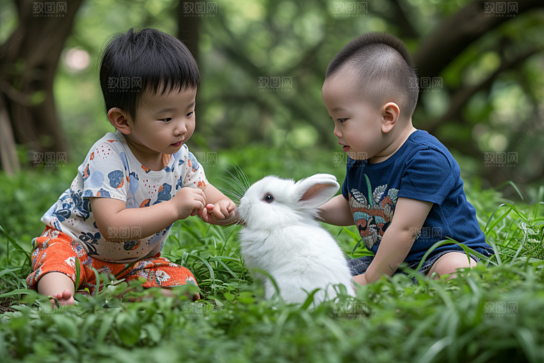 儿童和兔子生活可爱摄影图