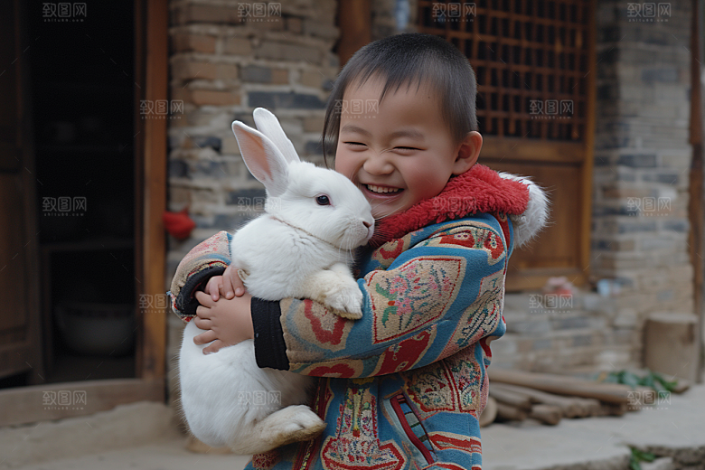 儿童和兔子孩子生活摄影图