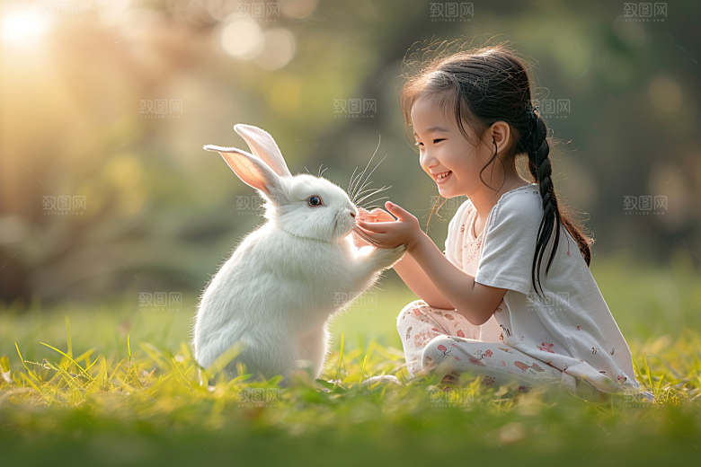儿童和兔子可爱孩子摄影图