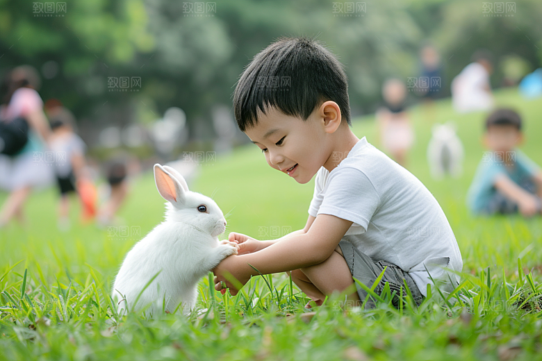 儿童和兔子可爱清新摄影图