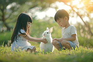 儿童和兔子宠物生活摄影图