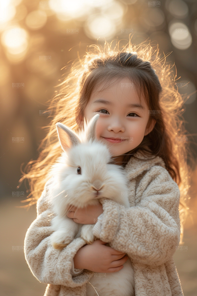 儿童和兔子孩子宠物摄影图