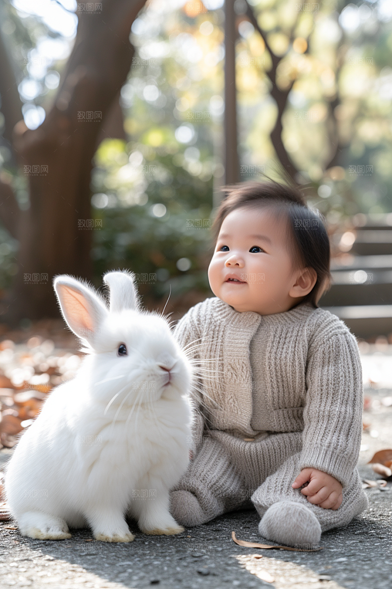 儿童和兔子高清宠物摄影图