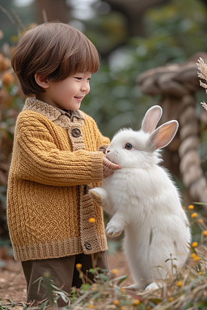 儿童和兔子爱心可爱摄影图