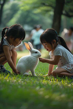 儿童和兔子可爱自然摄影图