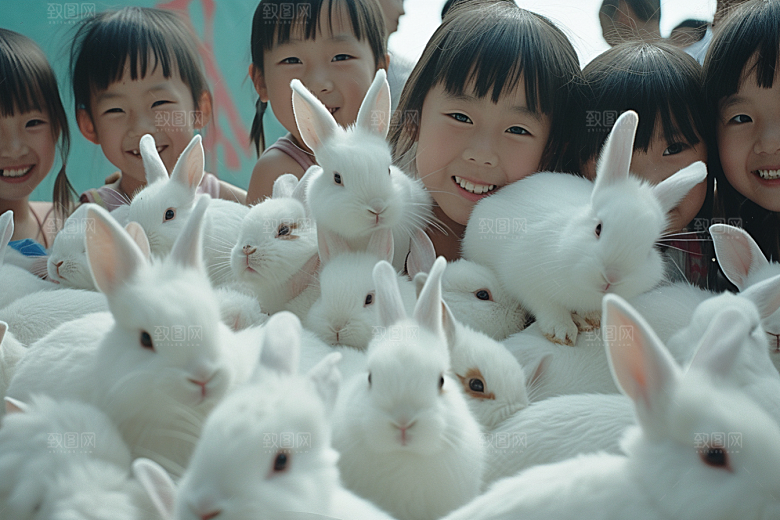 儿童和兔子生活童趣摄影图